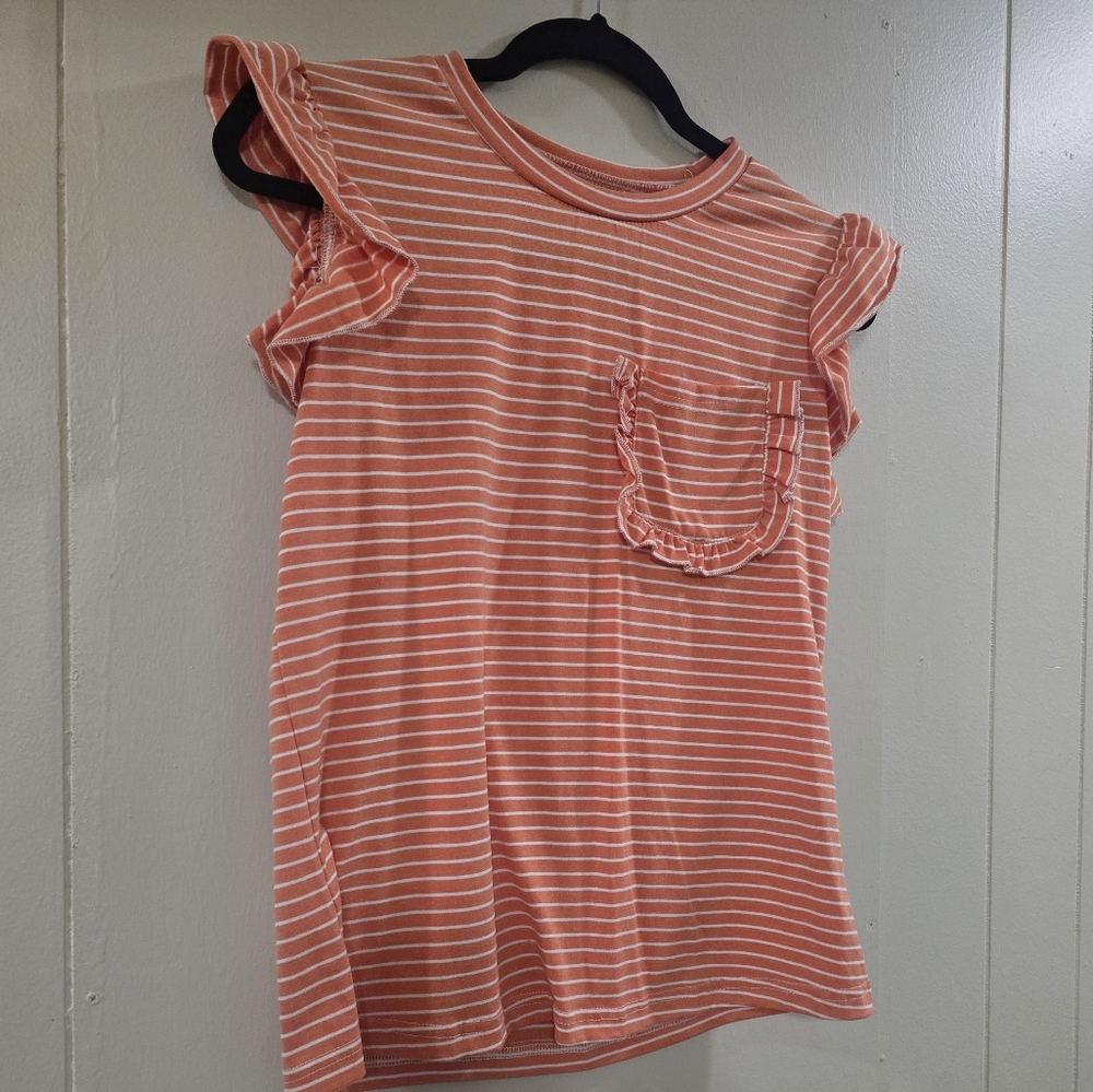 SHEIN Coral Striped Ruffle Sleeve Top